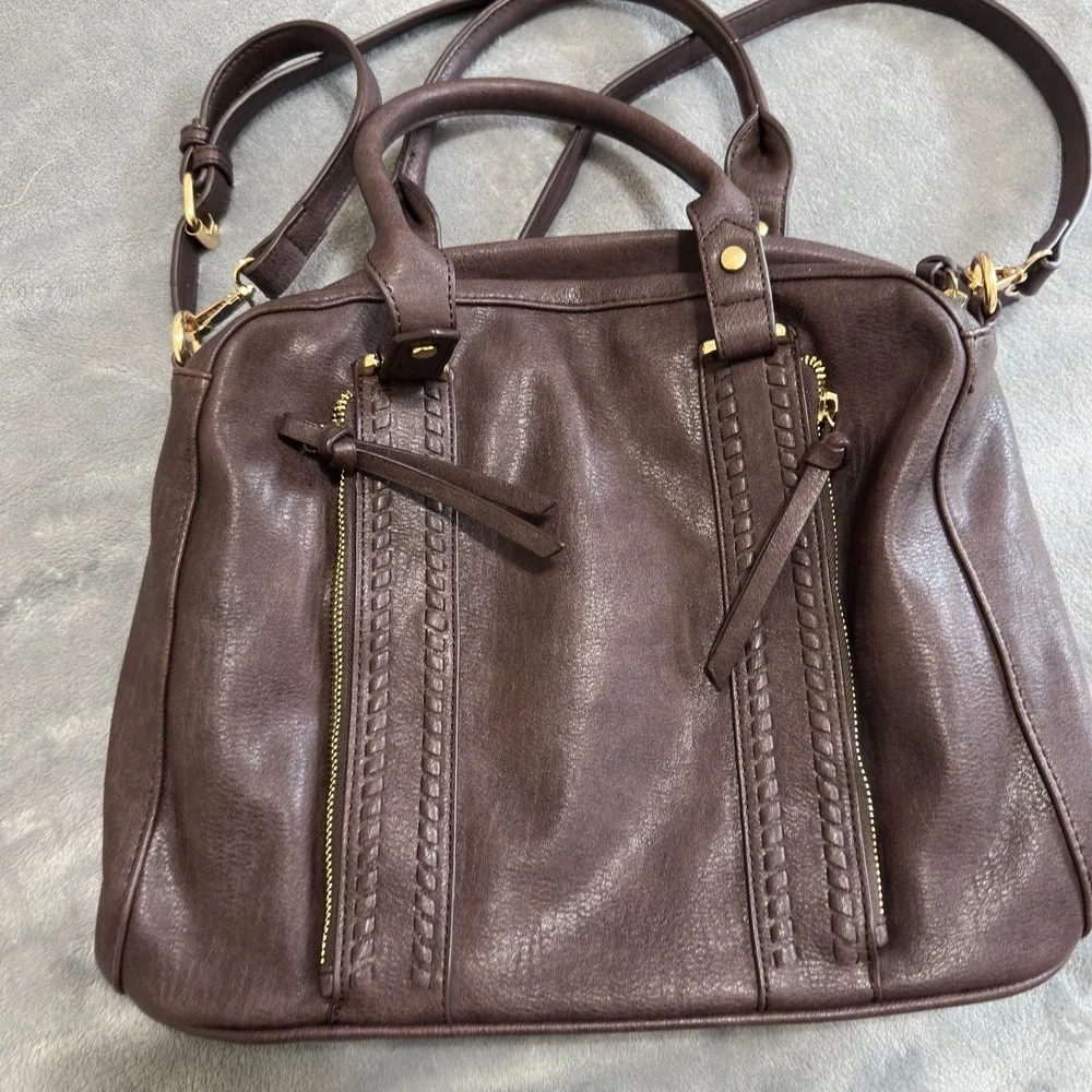 Sasha + Sofi Brown Faux Leather Satchel Crossbody Handbag Double Zip Tote Purse
